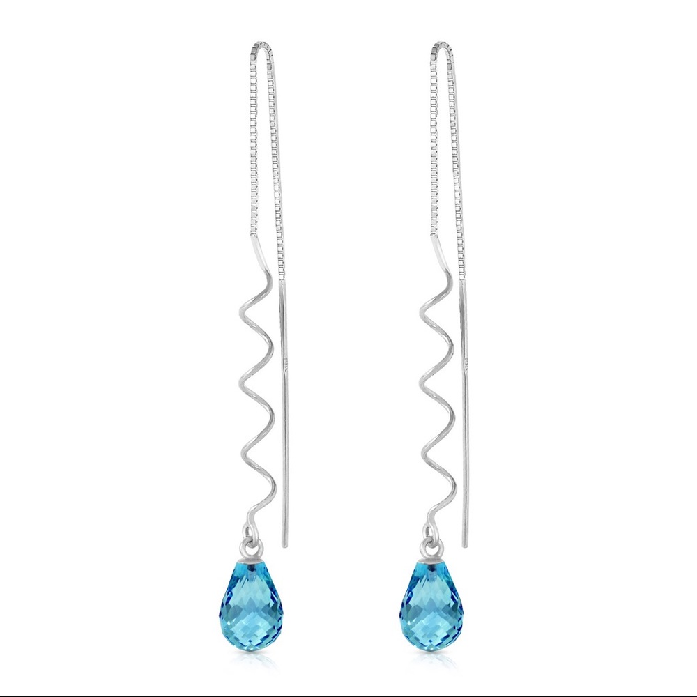 14K GOLD THREADED DANGLES EARRINGS WITH BLUE TOPAZ - Picture 2 of 3